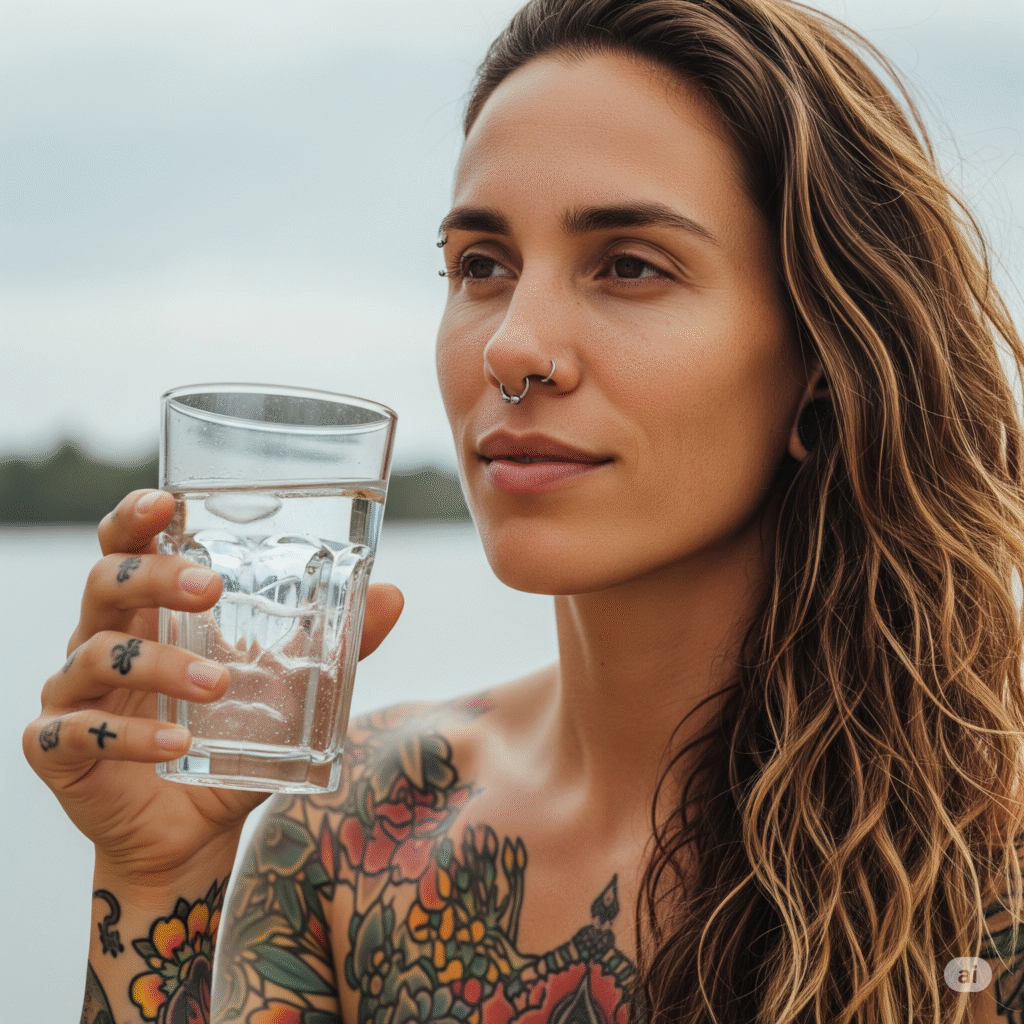 Woman with tattoos and piercings hydrating with water, an important step in preparing for a piercing