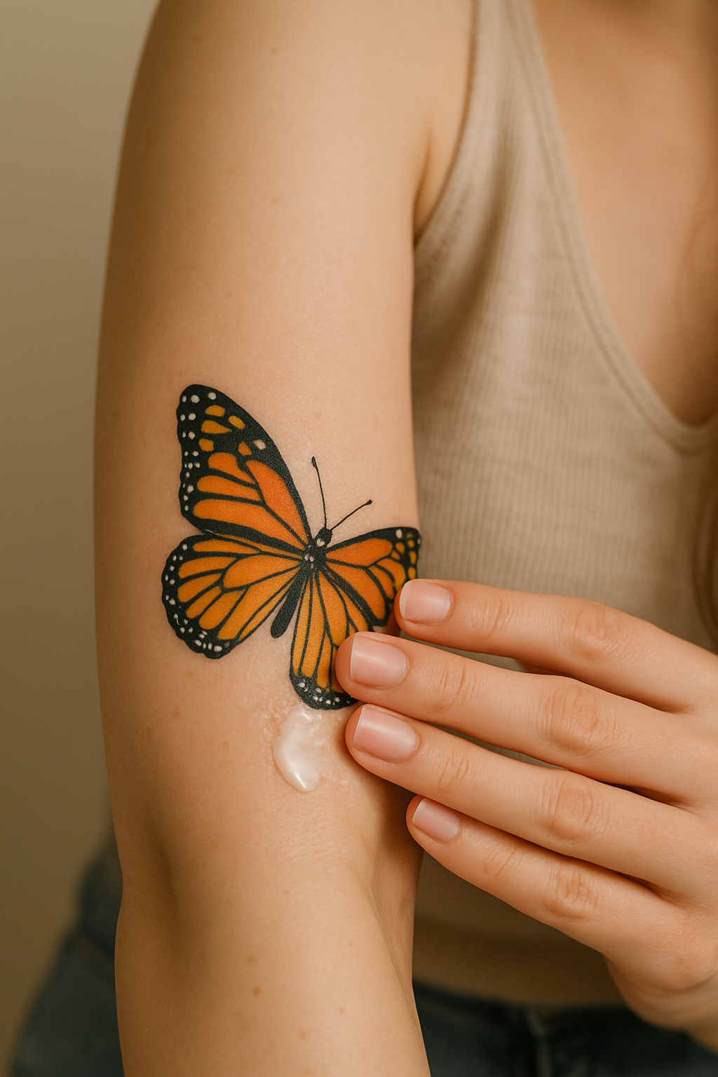 Woman gently moisturizing a vibrant, full-color butterfly tattoo on her arm.