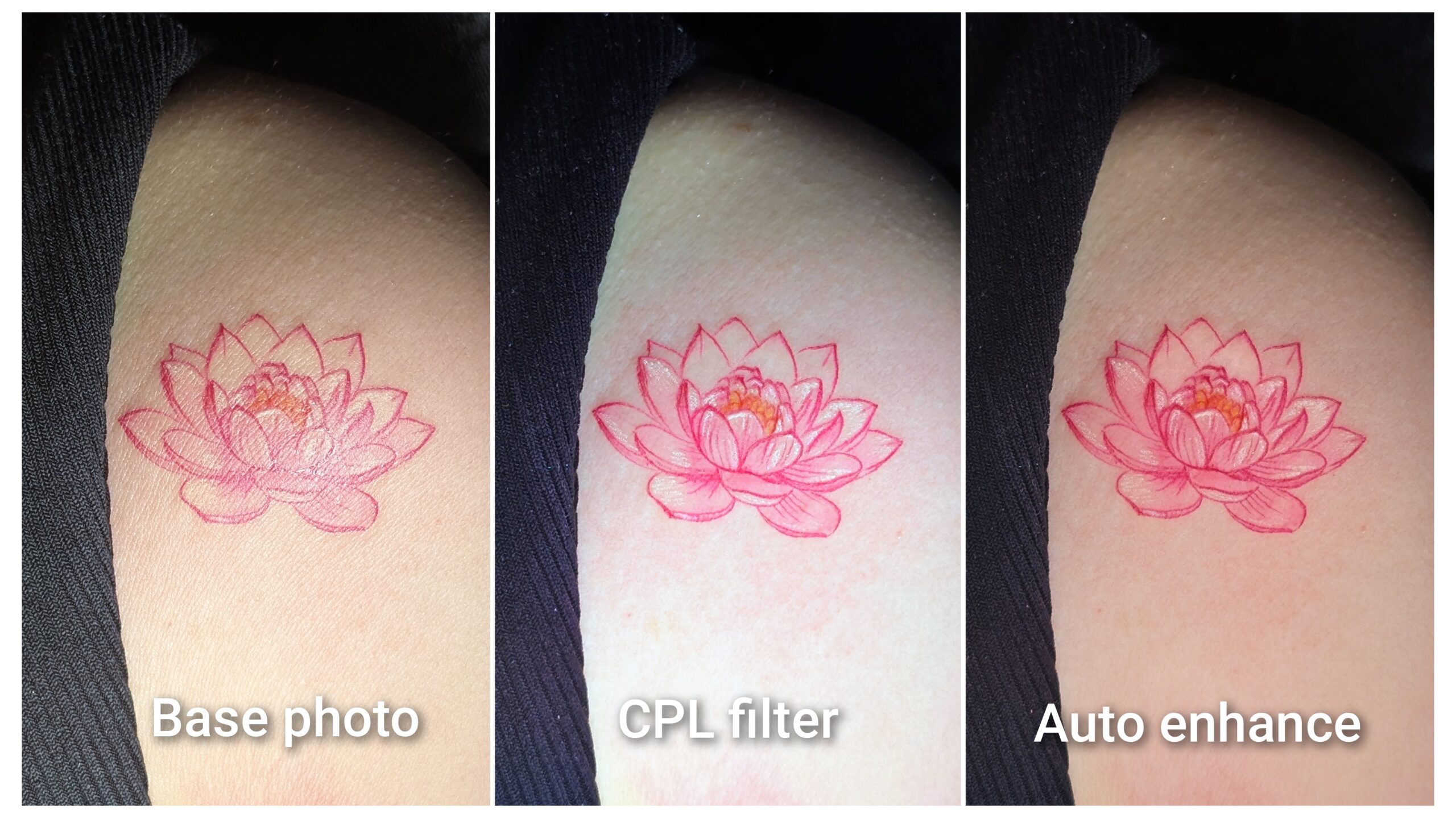 A three-panel comparison showing a pink lotus tattoo on an arm: the original 'Base photo,' the improved image using a 'CPL filter,' and the final 'Auto enhance' photo, illustrating professional photography techniques used to display tattoos.