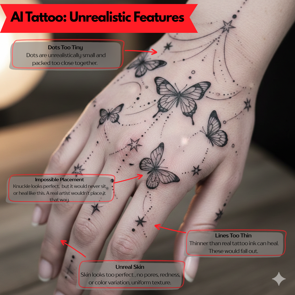Diagram illustrating the unrealistic features of an AI-generated hand tattoo design, pointing out issues like dots too tiny, impossible placement on the knuckle, lines too thin, and unrealistically perfect skin texture.