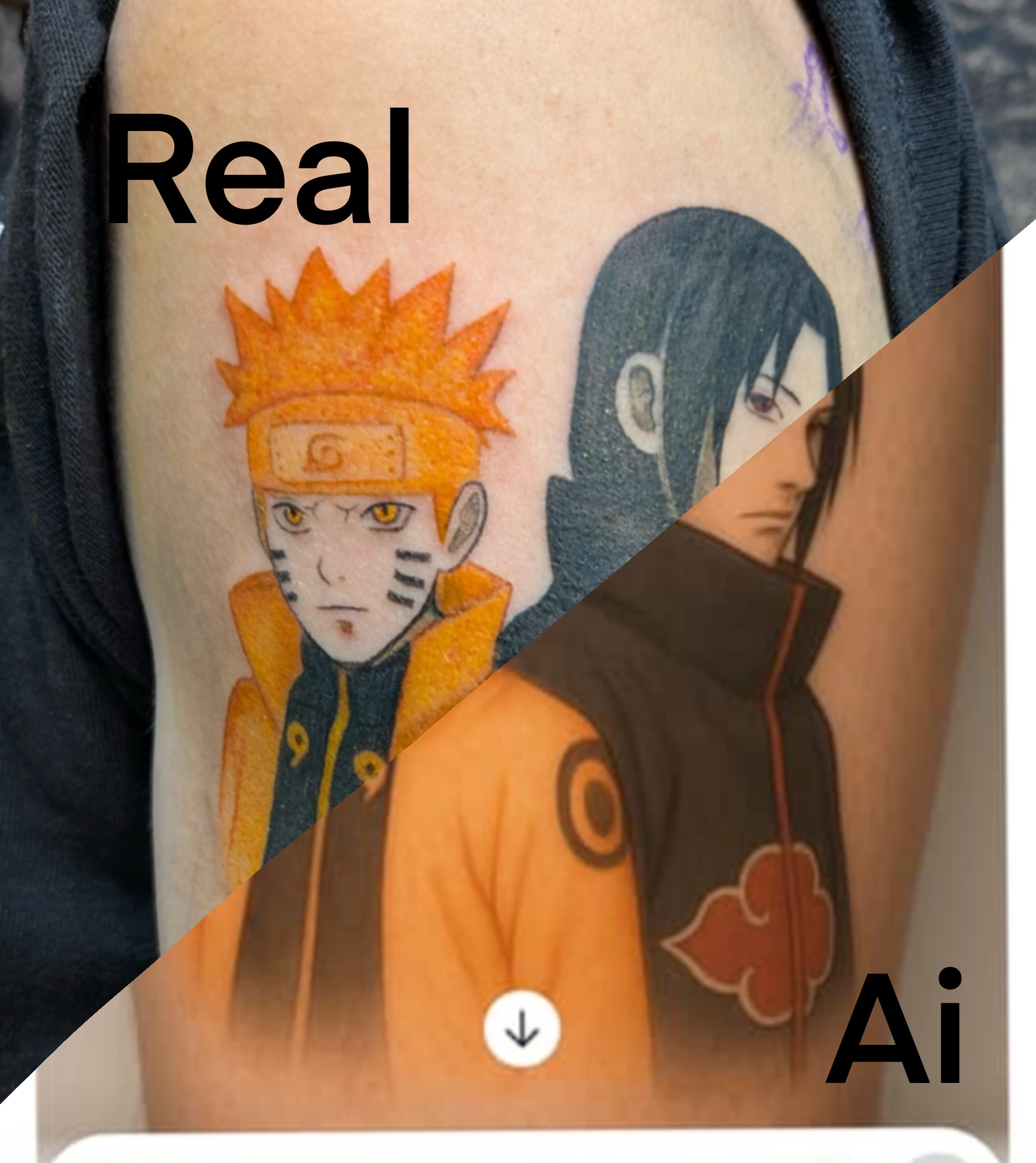 Side-by-side comparison of an AI-generated tattoo design and a real completed tattoo.
