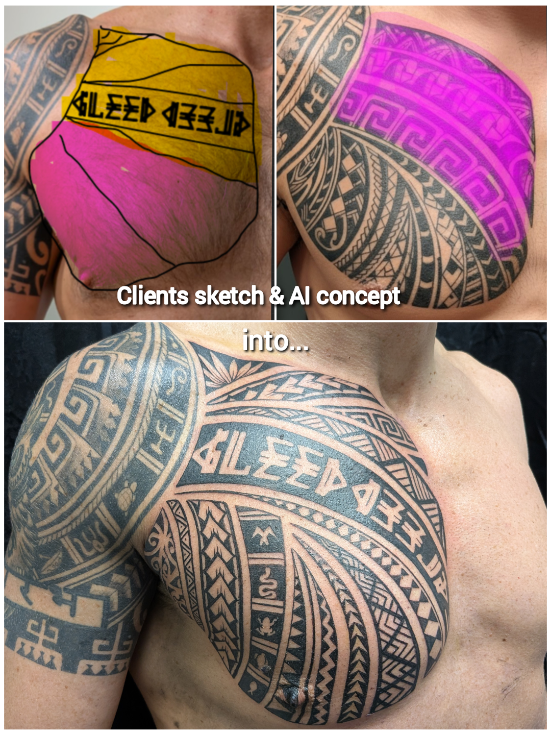 Progression of a Polynesian-style chest and sleeve tattoo design, showing the client's initial rough sketch, an AI-generated concept overlay (purple and black pattern), and the final, detailed blackwork tattoo on the man's chest.