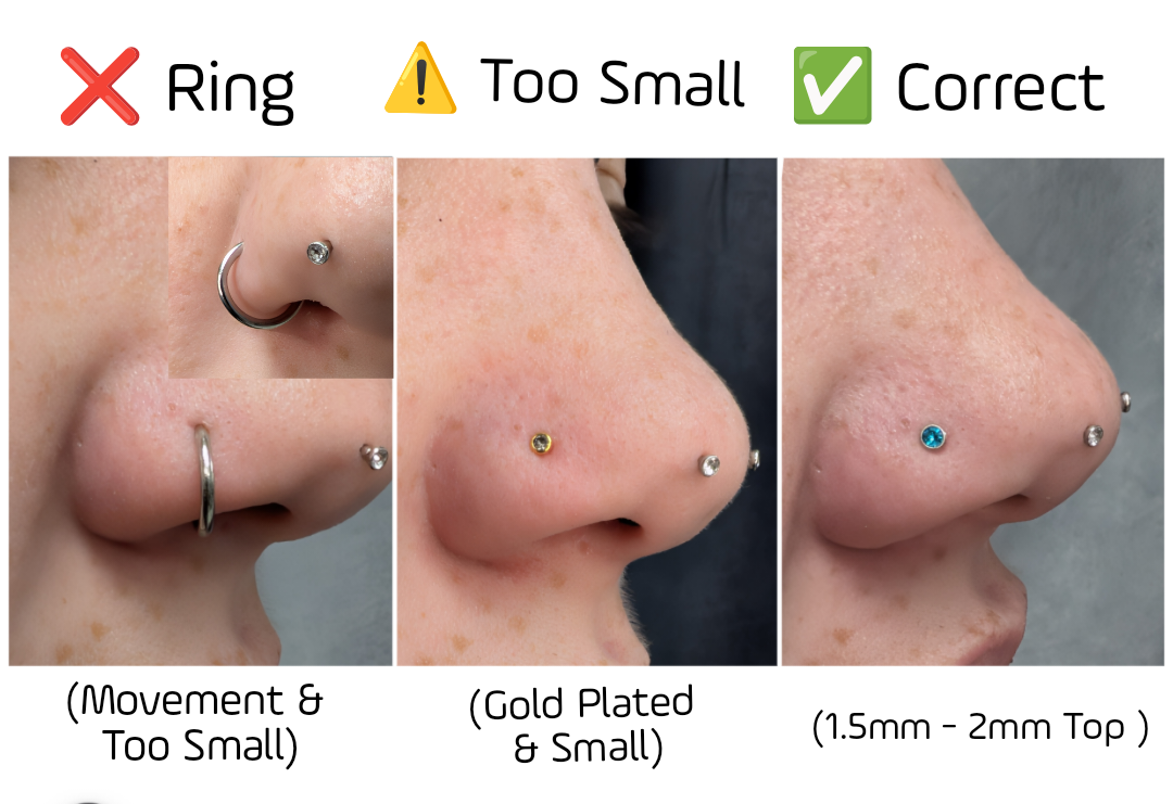 A three-part comparison of nostril jewelry: a small ring close to the skin, a tiny gold-plated stud, and a correct sized 2mm top with room to swell.