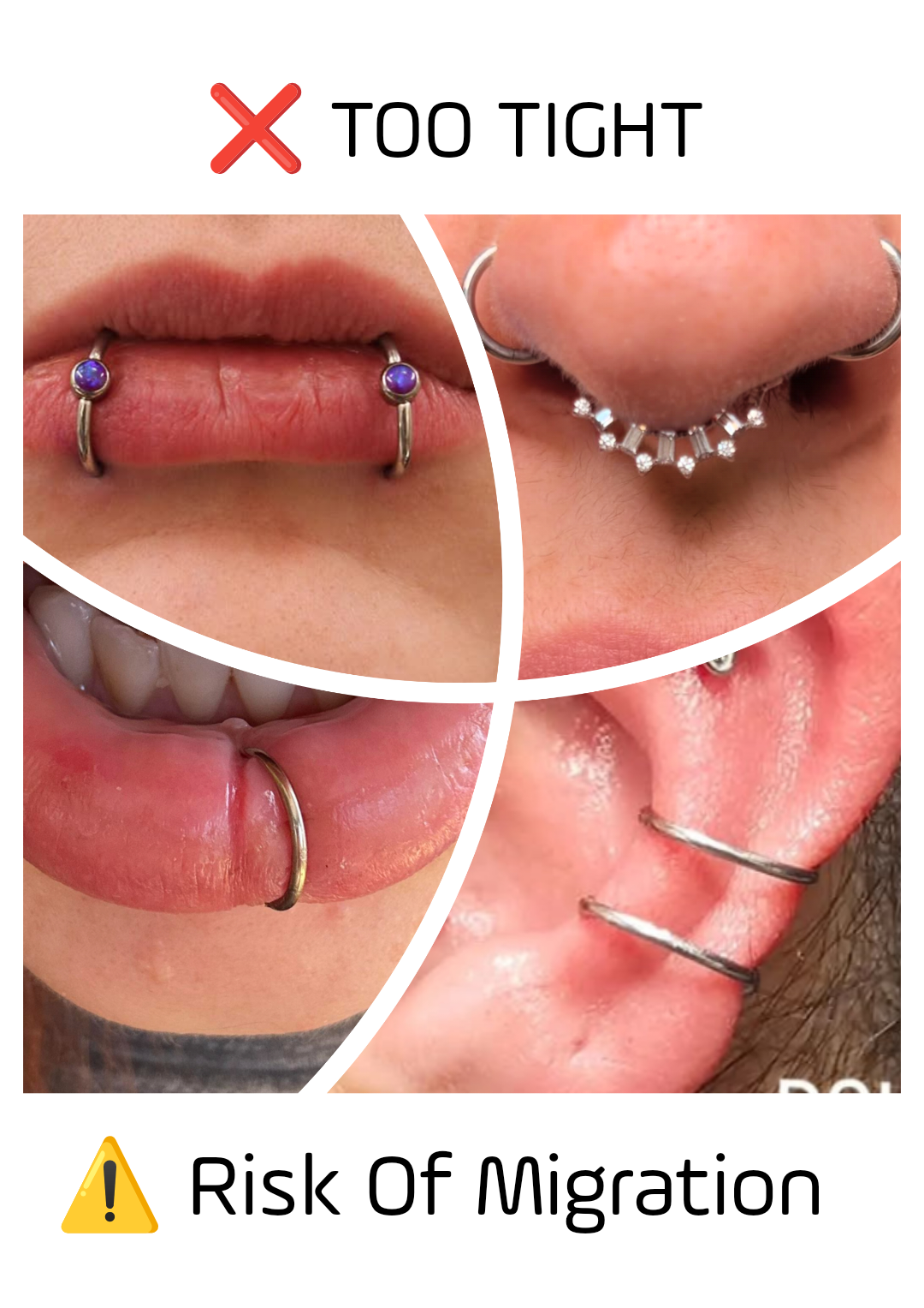 Zoomed-in screenshots of unsafe 'fresh' piercing jewelry from Instagram, showing zero swell room and improper materials.