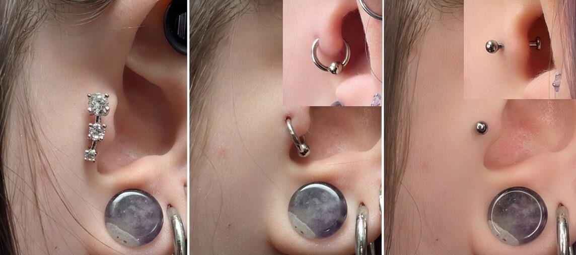 Cropped header image showing a 3-part comparison of tragus jewelry: a tight ring, an oversized gem cluster, and a correctly fitted titanium flat-back stud on a healed model.